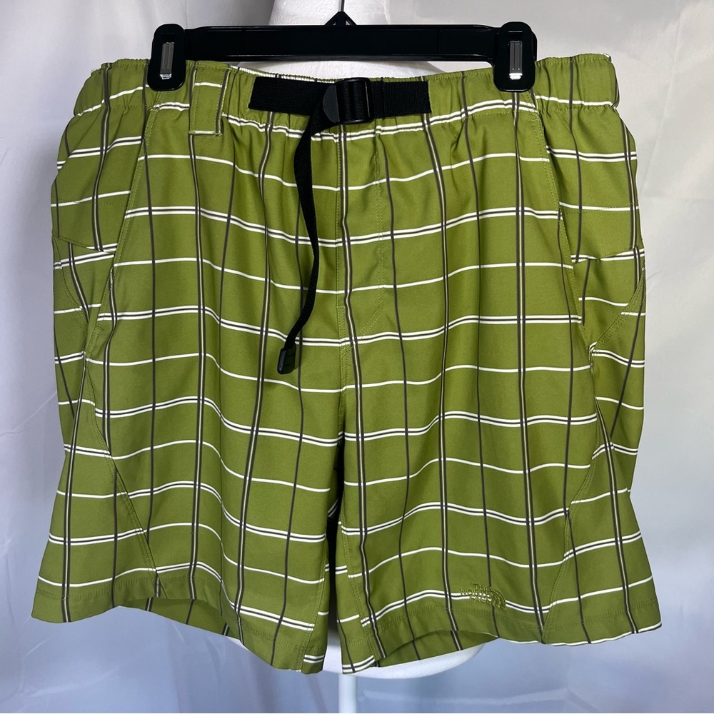 The North Face Belted Swim Shorts Lime Green with Gray & White Plaid Size Medium